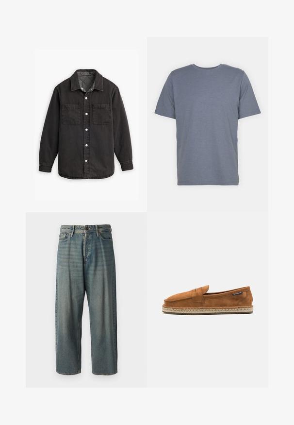 Camisa de ganga preta com forro interior xadrez, duas bolsas no peito e fechos de botão em prata. Apresenta um colarinho clássico e mangas compridas.; T-shirt cinza de manga curta com gola redonda, feita de um tecido suave em mistura de algodão. Design simples, sem padrões ou detalhes.; Jeans de ganga azul claro com um corte solto, cintura média e pernas retas. Apresenta cinco bolsos, passadores de cinto e fecho com botão.; Shoe slip-on de camurça castanha com bico arredondado, apresentando uma sola de juta trançada e uma pequena faixa de destaque na parte da frente.