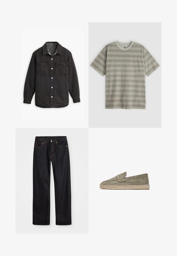 Schwarzes Jeanshemd mit kariertem Innenfutter, zwei Brusttaschen und silbernen Knopfverschlüssen. Besitzt einen klassischen Kragen und lange Ärmel.; Grau gestreiftes T-Shirt aus weicher Baumwolle. Kurze Ärmel, gerippter Rundhalsausschnitt, dezentes Logo-Detail auf der Vorderseite und ein kleines rotes Etikett am Saum.; Herren gerade geschnittene schwarze Jeans aus Denim mit fünf Taschen und orangefarbenen Nähten, Knopf- und Reißverschluss vorne am Bund.; Hellgrüne Wildlederschlupfschuhe mit einer gewebten Jutesohle, die an der Vorderseite eine gefaltete Akzentuierung und einen niedrigen Absatz aufweisen. Einfaches Design, flaches Profil.