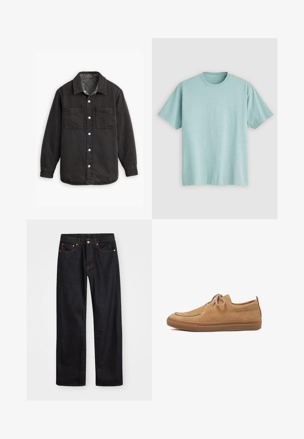 Chemise en denim noir avec doublure intérieure à carreaux, deux poches poitrine et fermetures à boutons en argent. Comprend un col classique et des manches longues.; T-shirt bleu clair à col rond fabriqué en coton, avec des manches courtes et un petit logo sur la poitrine gauche. Texture lisse.; Jean en denim noir pour hommes, coupe droite, avec cinq poches et surpiqûres orange, fermeture par bouton et zip à la taille avant.; Chaussures décontractées en daim beige avec bout arrondi, fermeture à lacets et semelle en caoutchouc. Présentent des détails de couture et un petit logo sur le côté.