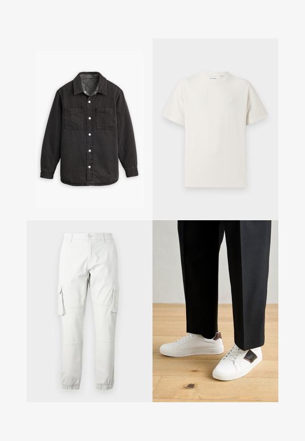 Černá denimová košile s kostkovanou podšívkou, dvěma náprsními kapsami a stříbrnými knoflíky. Má klasický límec a dlouhé rukávy.; Bílý krátký rukáv tričko s pružnou strukturou. Kulatý výstřih, volný střih, bez viditelných vzorů nebo detailů. Jednoduchý a univerzální design.; Světle šedé cargo kalhoty s postranními kapsami, elastickými manžetami na kotnících a zapínáním na knoflík. Vyrobeny z odolného materiálu s hladkou texturou.; Bílé tenisky s hladkým povrchem, s hnědými koženými akcenty a černými detaily, kombinované s černými kalhotami na míru. Pozadí tvoří dřevěná podlaha.