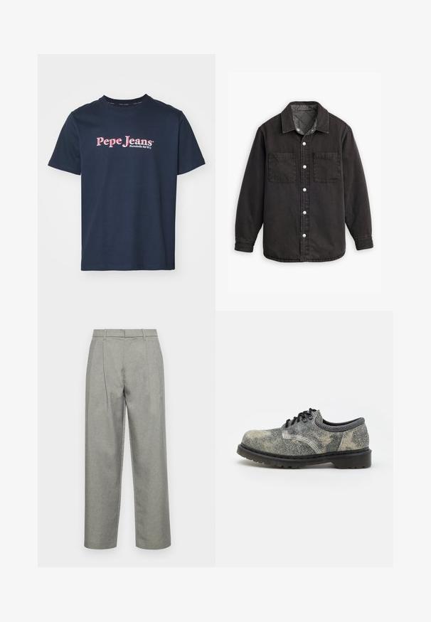 Camisa de denim negra con un forro interior a cuadros, dos bolsillos en el pecho y cierres de botones plateados. Presenta un cuello clásico y manga larga.; Camiseta de algodón azul marino con cuello redondo y mangas cortas. Presenta el logo de "Pepe Jeans" en rosa y blanco en el frente.; Pantalones gris ajustados hechos de tela texturizada, con un diseño de pierna recta, pliegues frontales y una cinturilla estándar con lazos para cinturón.; Zapato de cordones hecho de un tejido gris texturizado con acentos negros, suela de goma gruesa y detalles de costura blanca. Diseño de punta redondeada.