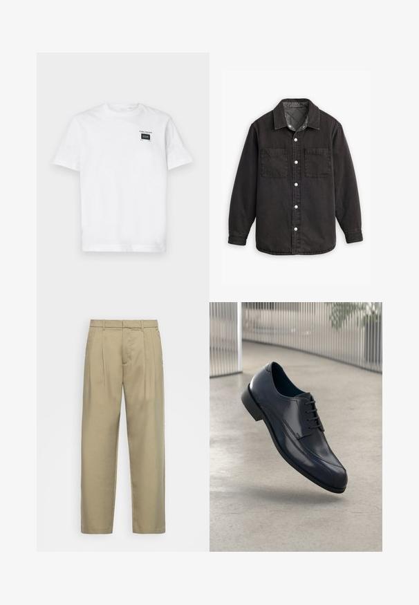 Černá denimová košile s kostkovanou podšívkou, dvěma náprsními kapsami a stříbrnými knoflíky. Má klasický límec a dlouhé rukávy.; Bílé bavlněné tričko s kulatým výstřihem a krátkými rukávy. Na přední straně je malá černá etiketa s textem a obdélníkovým designem.; Beige kalhoty s vysokým pasem a rovnýmlíčkem, s plochým předním dílem, bočními kapsami a hladkým, strukturovaným materiálem.; Lesklá černá kožená společenská obuv s tkaničkami, plovoucí nad hladkým, světle šedým podlahovým povrchem a s vertikálními kovovými pruty v pozadí.