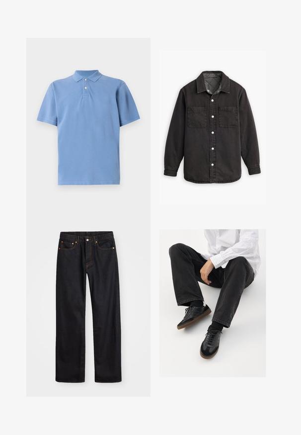 Camisa de denim negra con un forro interior a cuadros, dos bolsillos en el pecho y cierres de botones plateados. Presenta un cuello clásico y manga larga.; Polo de color azul claro, hecho de algodón suave, con un cuello clásico, placket de tres botones y mangas cortas con una textura suave.; Jeans de mezclilla negros de pierna recta para hombre, con cinco bolsillos y costuras en color naranja, cierre de botón y cremallera en la parte delantera de la cintura.; Zapatillas negras con una parte superior suave y texturizada, que cuentan con una suela de goma y cordones oscuros. Combinadas con jeans negros y una camisa blanca a rayas.