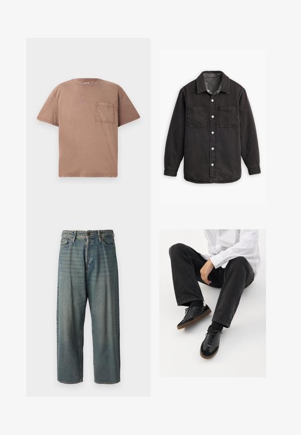 Černá denimová košile s kostkovanou podšívkou, dvěma náprsními kapsami a stříbrnými knoflíky. Má klasický límec a dlouhé rukávy.; Tričko s krátkým rukávem a kulatým výstřihem z lehké hnědé bavlny, s jednou náprsní kapsou a jemnou texturou. Rovný střih s čistými okraji.; Světle modré denimové džíny s volným střihem, středně vysokým pasem a rovnými nohavicemi. Obsahují pět kapes, poutka na opasek a zapínání na knoflík.; Černé tenisky se hladkým a texturovaným svrškem, s kaučukovou podešví a tmavými šňůrkami. Skombinované s černými džínami a bílou proužkovanou košilí.