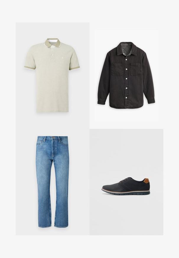 Camicia di jeans nera con fodera interna a quadri, due tasche sul petto e chiusure con bottoni argentati. Presenta un colletto classico e maniche lunghe.; Polo shirt beige chiaro in cotone. Presenta un colletto, una patta con tre bottoni e maniche verdi a contrasto con bordi bianchi.; Jeans in denim azzurro chiaro con taglio dritto, caratterizzati da un classico design a cinque tasche, chiusura con bottone e cuciture a contrasto.; Scarpe sintetiche nere con tomaia testurizzata, dettagli lisci, tacco marrone e suola a contrasto. Presentano una lacerazione minimale e dettagli di cucitura.