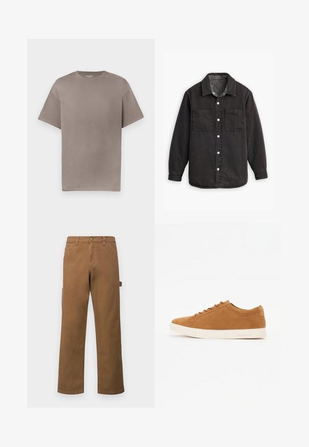 Mustapellava paita, jossa on ruudullinen vuori, kaksi rintataskua ja hopeiset nappisulkemiset. Ominaisuuksiin kuuluu klassinen kaulus ja pitkät hihat.; Vapaat, löysät lyhythihaiset crewneck T-paidat hillityssä taupe-värissä esillä valkoista taustaa vasten.; Ruskeat puuvillaiset cargo-housut, joissa suorat lahkeet, sivutaskut ja metallinen napitus vyötäröllä. Silkkinen pinta ja rento muotoilu.; Ruske nubuk kengät, matalalla varrella, valkoinen kumipohja ja pyöreä kärki. Varustettu yhteensopivilla nauhoilla ja vähäisellä brändäyksellä kantapäässä.