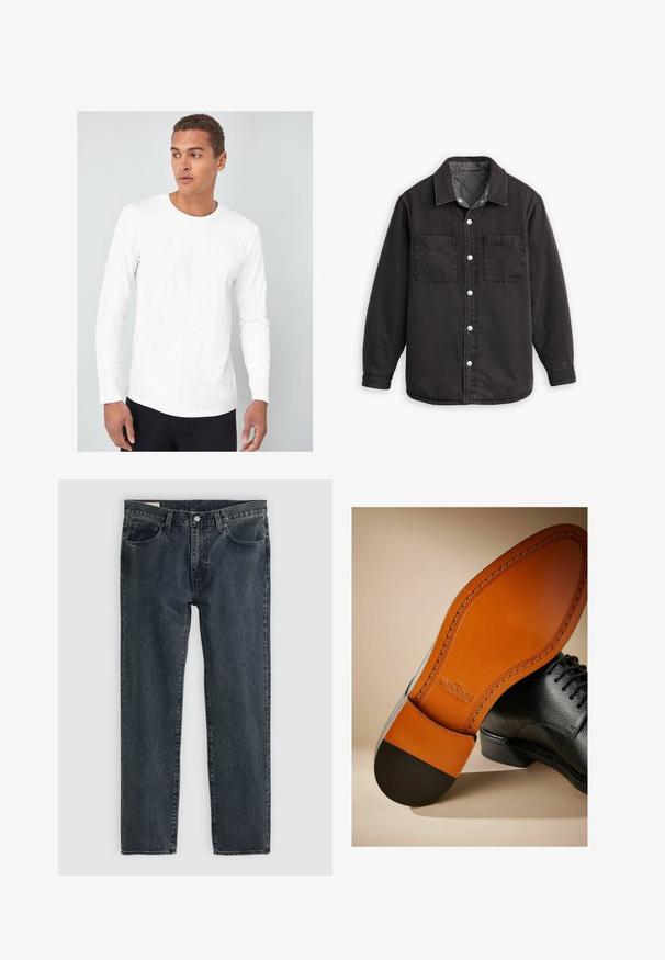 Černá denimová košile s kostkovanou podšívkou, dvěma náprsními kapsami a stříbrnými knoflíky. Má klasický límec a dlouhé rukávy.; Bílá dlouhá košile s kulatým výstřihem, vyrobená z hladké bavlněné tkaniny, nošena modelem na světlém pozadí.; Tmavě modré džíny s rovnými nohavicemi, pěti kapsami a zapínáním na knoflíky. Tkanina vykazuje jemné blednutí a texturu.; Černá kožená bota s texturovaným svrškem, kontrastní hnědou koženou podrážkou a černým podpatkem. Disponuje viditelným prošíváním a logem na stélce.
