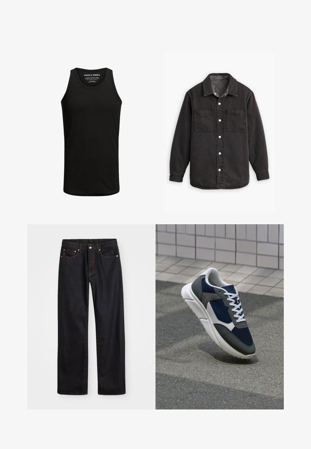 Juodas džinsinis marškinis su patikromis vidinėmis siūlėmis, dviem krūtinės kišenėmis ir sidabriniais mygtukais. Ypatumai: klasikinis apykaklė ir ilgomis rankovėmis.; Juodas tankų marškinėlis, pagamintas iš medvilnės mišinio audinio, su klasikiniu apvaliu kaklu ir be rankovių dizainu. Paprasta tekstūra, be raštų ar akcentų.; Vyrų tiesaus kirpimo juodi džinsai iš denim medžiagos, su penkiomis kišenėmis ir oranžinėmis siūlėmis, su mygtuko ir užtrauktuko uždarymu ant priekio.; Sportiniai bateliai su tamsiai mėlynu tinkliniu viršumi, pilkais zomšiniais akcentais, balta guma padanga ir plokščiomis baltomis raištelėmis, sukurti komfortui ir oro pralaidumui.