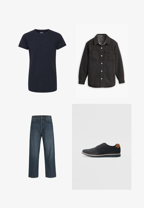 Schwarzes Jeanshemd mit kariertem Innenfutter, zwei Brusttaschen und silbernen Knopfverschlüssen. Besitzt einen klassischen Kragen und lange Ärmel.; Ein einfarbiges, dunkelnavyblaues T-Shirt mit kurzen Ärmeln, Rundhalsausschnitt und slim fit ohne sichtbare Logos oder Designs.; Dunkelblaue Jeans aus Denim mit hoher Taille, weitem Bein, dezentem verblassen und klassischem Fünf-Taschen-Stil. Mit Knopf und Reißverschluss vorne.; Schwarze synthetische Schuhe mit einer strukturierten Oberseite, glatten Akzenten, braunem Absatz und einer kontrastierenden Sohle. Verfügt über minimale Schnürung und Nähdetails.