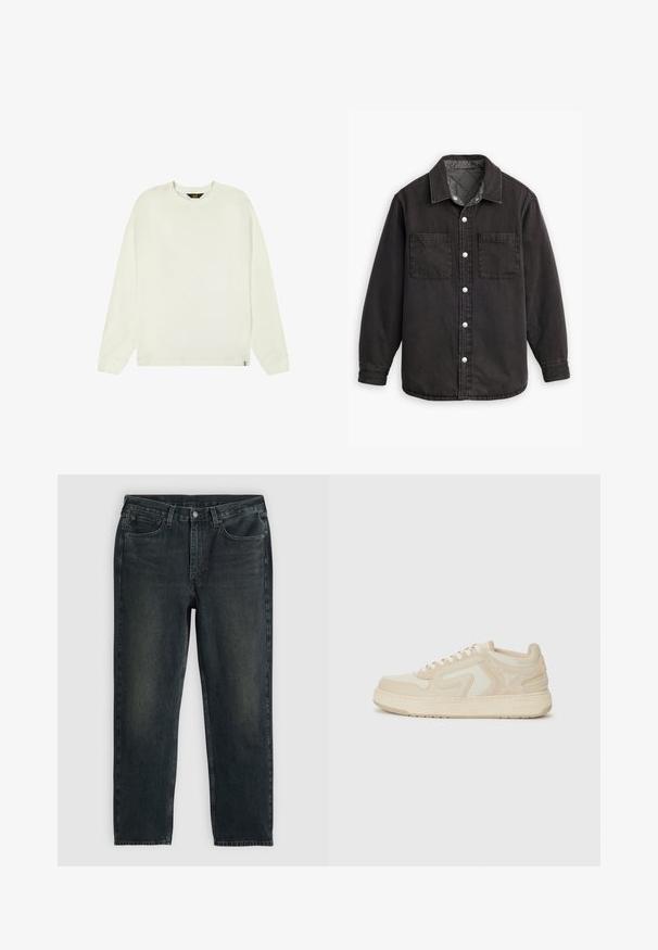 Camisa de denim negra con un forro interior a cuadros, dos bolsillos en el pecho y cierres de botones plateados. Presenta un cuello clásico y manga larga.; Lee WAFFLE TEE - REGULAR FIT - Camiseta de manga larga - ecru; Vaqueros de mezclilla azul oscuro con un corte recto, que cuentan con cinco bolsillos, una cremallera en la bragueta y costuras en contraste. Ligera decoloración en la tela.; Replay KAI DEMI - Zapatillas - beige/white