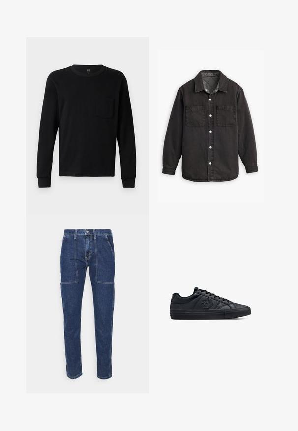 Zwarte denim shirt met een geblokte binnenvoering, twee borstzakken en zilveren knoopsluitingen. Beschikt over een klassieke kraag en lange mouwen.; Zwarte langesleeve t-shirt gemaakt van zachte katoen, met een ronde hals, ribgebreide manchetten en een klein borstzakje. Minimalistisch ontwerp.; Donkerblauwe denim jeans met een rechte pasvorm, zichtbare stiksels, twee zijzakken aan de voorkant en een ritssluiting. De stof heeft een gladde textuur.; Zwarte low-top sneakers van glad leer met een gestructureerde rubberen zool, voorzien van ronde veters en een sterrenlogo aan de zijkant.