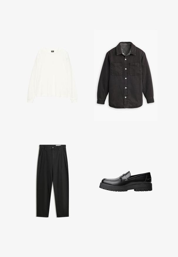 Zwarte denim shirt met een geblokte binnenvoering, twee borstzakken en zilveren knoopsluitingen. Beschikt over een klassieke kraag en lange mouwen.; Witte bloes met lange mouwen van zachte stof, met een brede ronde hals en een relaxte pasvorm. Gladde textuur met geribde manchetten.; Zwarte katoenen broeken met een losse pasvorm, voorzien van een klassieke tailleband, voorplooien en zijzakken. Gladde structuur zonder patronen.; Zwarte leren loafer met een chunky profielzool en een decoratieve band over de bovenkant, weergegeven in het linkerzijprofiel op een witte achtergrond.