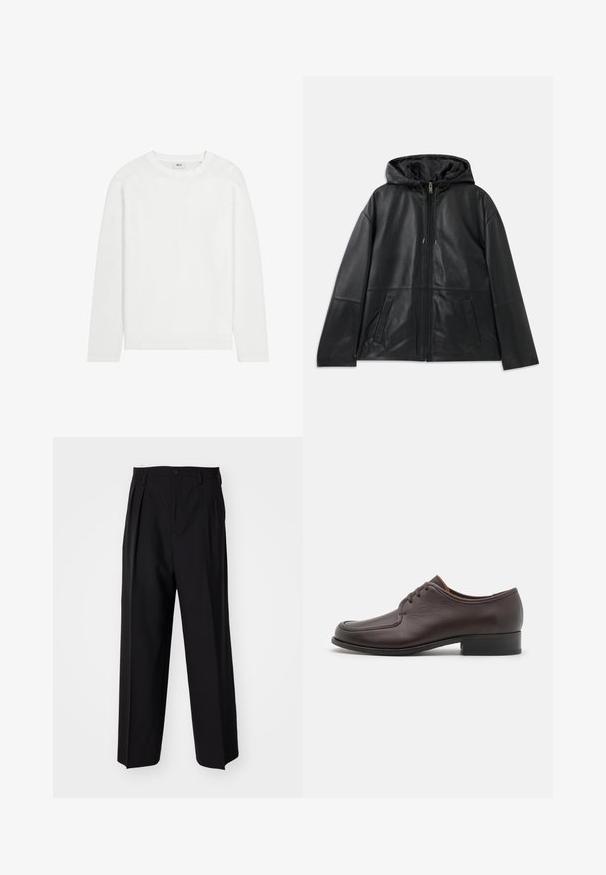 Giacca nera in pelle con zip e cappuccio, dotata di due tasche frontali a fessura, mostrata distesa su uno sfondo bianco.; T-shirt bianco in cotone a maniche lunghe, con collo rotondo, orlo dritto e design minimale. Texture liscia, senza fantasie o dettagli.; Pantaloni neri a pieghe con un design dritto e gamba larga. Realizzati in tessuto morbido, con chiusura a bottone e passanti per cintura.; Scarpa da uomo in pelle marrone con una texture liscia, punta arrotondata e chiusura con lacci. Presenta un tacco basso impilato e dettagli di cucitura sottili.