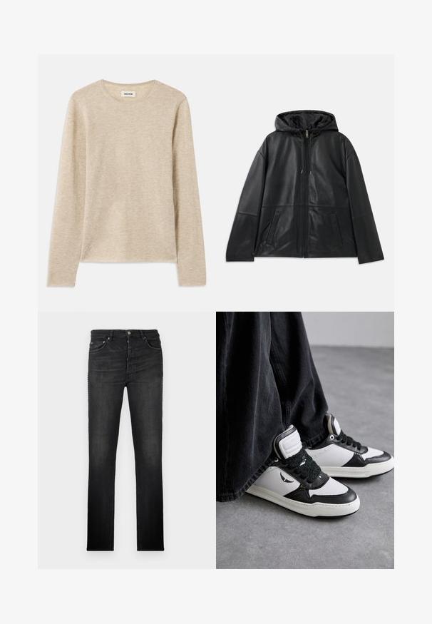 Mustangmust värvitud nahast jakk, millel on kapuuts ja kaks ees olevat sliti taskut, eksponeeritud lapikult valge taustal.; Beige pika-särgid, millel on pikad varrukad ja pehme kangas, ümmargune kaelus ning peen õmblusdetail vasakus alumises servas.; Mustad denim püksid sirge jala disainiga, viie tasku ja metallist täiendustega; sile tekstuur ja minimaalne kulumise detail.; Mustvalged kõrgsokiga tennisetossud, millel on tekstuuriga musta paela detail, nahast ja sünteetilisest materjalist, ning küljel on logo.