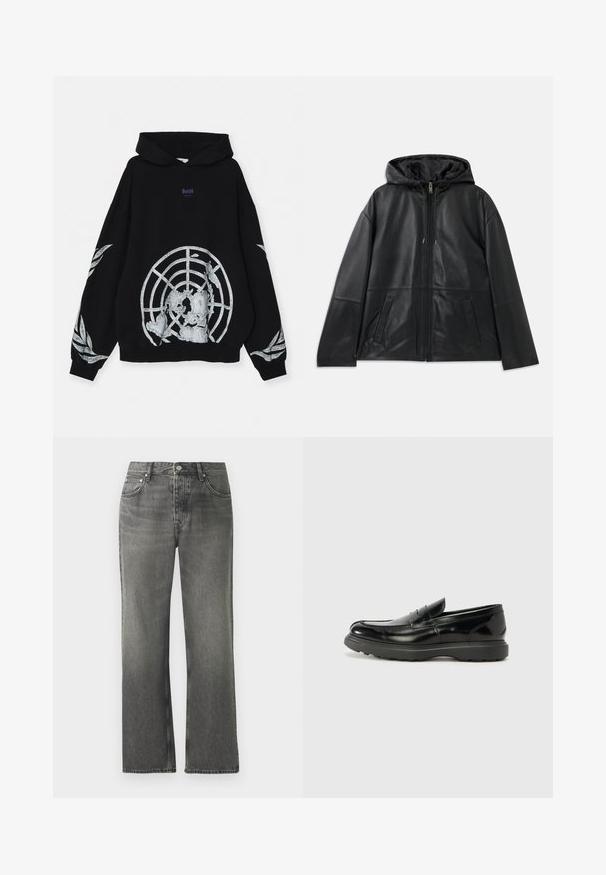 Mustangmust värvitud nahast jakk, millel on kapuuts ja kaks ees olevat sliti taskut, eksponeeritud lapikult valge taustal.; GmbH UN LOOPBACK - Kapuutsiga pusa - black; Hallid denim püksid sirge jala disainiga, viie taskuga ja nähtavate õmbluste detailidega. Kerged pleekimisjäljed vööst hemni.; Must musta nahk loafer läikiva viimistlusega, ümar varvas, delikaatsed õmblusdetailid ja paks kummist tallad vastupidavuse tagamiseks.