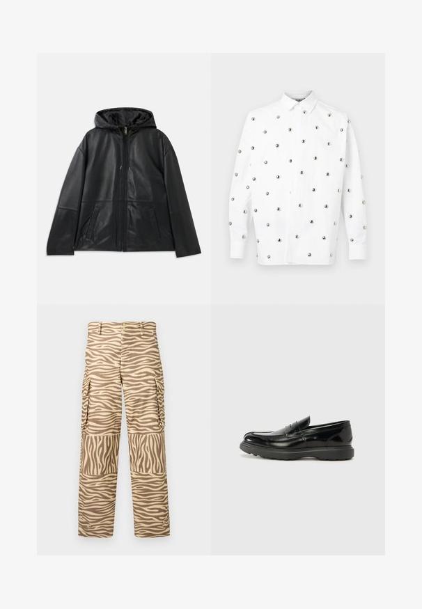 Sort læderjakke med lynlås og hætte samt to forlommer, præsenteret fladt mod en hvid baggrund.; Hvid langærmet skjorte med sølvfarvede metalnitter arrangeret i et tilfældigt mønster, med spidse kraver og knaplukning foran.; Cargo bukser i et tan- og creamfarvet zebra-print. Funktioner inkluderer lige ben, to sidelommer og en knaplukning med metalaccenter.; Sort læderloafer med en blank finish, rund tå, subtile syninger og en tyk gummisål for holdbarhed.
