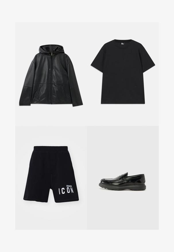 Veste en cuir noir à fermeture éclair avec capuche et deux poches fendues à l'avant, présentée à plat sur un fond blanc.; T-shirt noir à manches courtes en coton, avec un col rond et un petit logo près de l'ourlet. Texture lisse, coupe régulière.; Shorts noirs en coton, dotés d'un graphique blanc "ICON" sur le côté inférieur. Ceinture élastique avec des détails de couture visibles.; Mocassin en cuir noir avec une finition brillante, bout arrondi, détails de couture subtils et semelle en caoutchouc épaisse pour la durabilité.