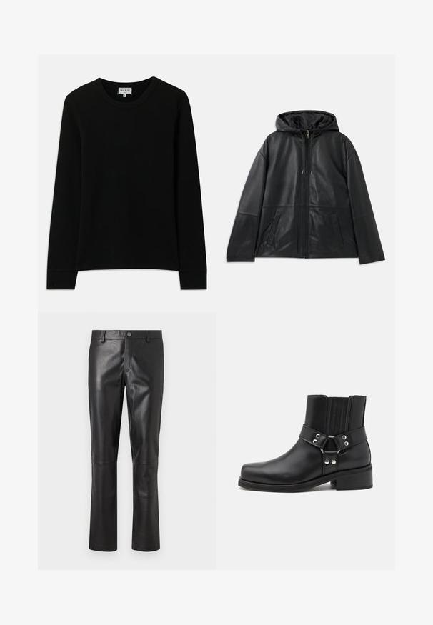 Zwarte leren ritjack met capuchon en twee voorzakken, plat weergegeven op een witte achtergrond.; Zwarte, langharige geribbelde trui met ronde hals, gelabeld Paul & Joe Paris, maat medium, gepresenteerd op een witte achtergrond.; Zwarte leren broeken met een gladde textuur, recht model en subtiele stiksel langs de naden. Voorzien van een knoopsluiting in de taille.; The Kooples CHAUSSURES - Cowboy-/Bikerlaarsjes - black