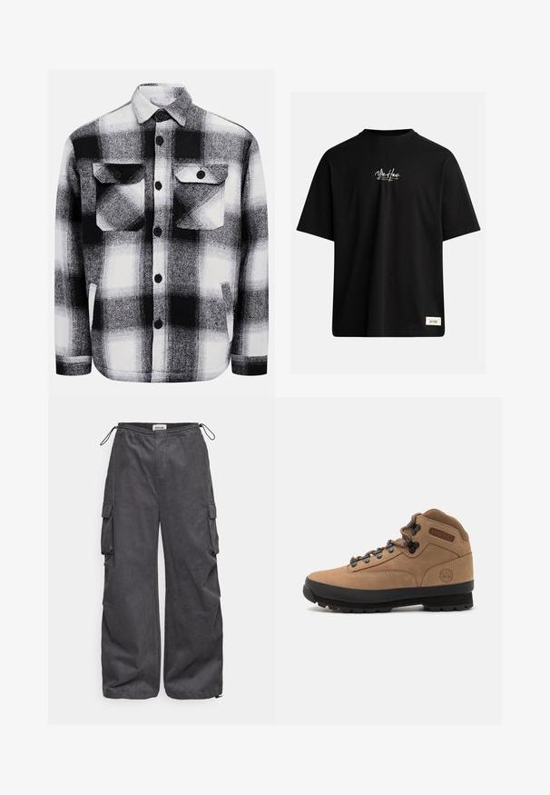 Svart og hvit rutete flanellskjorte med to frontlommer, knappefester og en myk tekstur. Klassisk rutemønster.; Svart T-skjorte med korte ermer laget av bomull. Har en liten hvit logo på brystet og en rektangulær etikett nederst til høyre.; Grå cargo bukser med teksturert stoff, elastisk liv, snøring og sidelommer. Løs passform med vide ben.; Brune semsket fjellstøvel med svart gummisåle, snøring og polstret krage. Timberland-logo på siden.