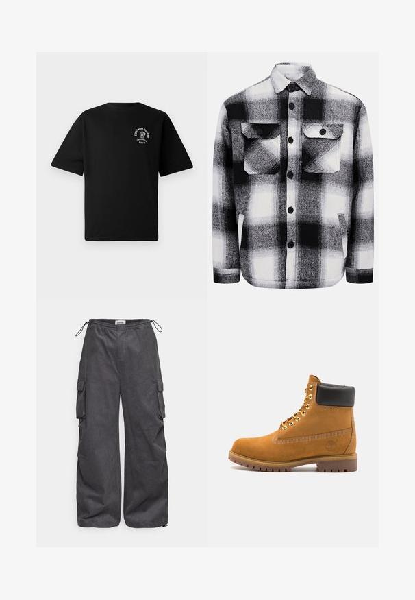 Chemise en flanelle à carreaux noir et blanc, avec deux poches avant, des boutons et une texture douce. Motif tartan classique.; T-shirt noir à manches courtes avec un petit logo blanc sur la poitrine représentant une cafetière et le texte "Cortado Coffee Original 2013."; Pantalons cargo gris en tissu texturé, avec une taille élastique, un cordon de serrage et des poches latérales. Coupe ample avec des jambes larges.; Bottine en daim beige avec un col rembourré noir, œillets en métal doré, détails de surpiqûres blanches et semelle en caoutchouc robuste avec des crampons prononcés.