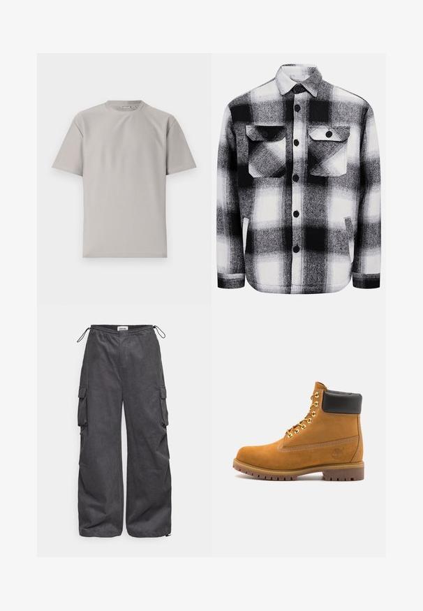 Black and white checkered flannel shirt, featuring two front pockets, button closures, and a soft texture. Classic plaid pattern.; Light gray ribbed t-shirt with a round neckline and short sleeves. Features a soft texture and clean design, suitable for casual wear.; Gray cargo pants with a textured fabric, elastic waistband, drawstring, and side pocket details. Loose fit with wide legs.; Tan suede ankle boot with black padded collar, gold metal eyelets, white stitching detailing, and rugged rubber sole with pronounced treads.