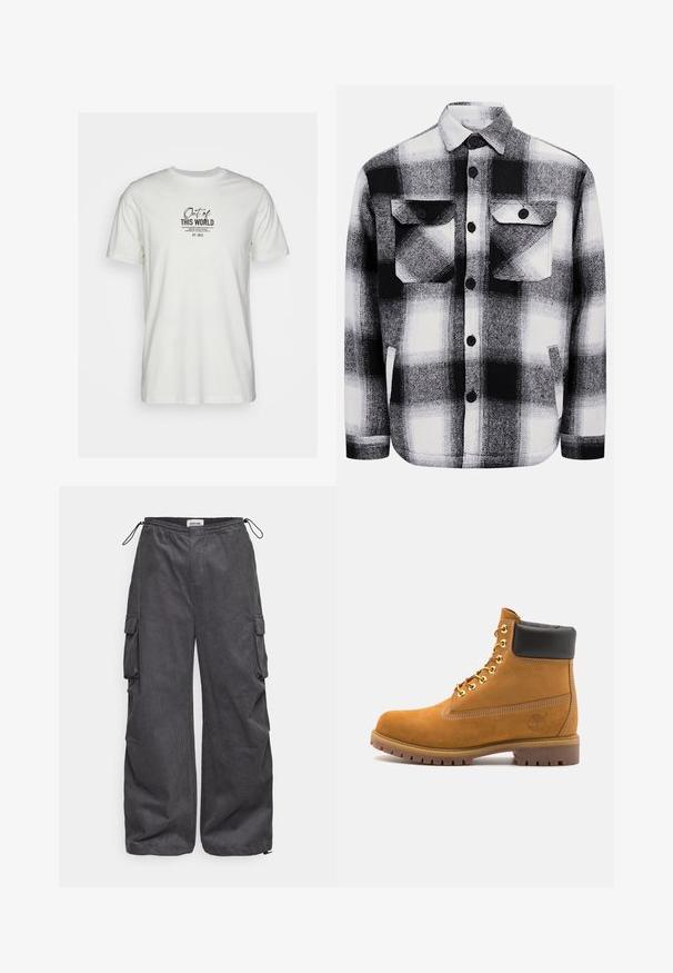 Črnobela karo flanelska srajca, ki ima dva sprednja žepa, gumbaste zaponke in mehak material. Klasičen kariran vzorec.; Bela bombažna majica s kratkimi rokavi in okroglim izrezom, ki se ponaša s črnimi grafičnimi potiski z besedilom. Enostaven dizajn brez dodatnih okraskov.; Sive hlače s teksturirano tkanino, elastičnim pasom, vrvico in stranskimi žepi. Ohlapen kroj z širokimi nogavicami.; Svetlo rjave anklne čizme iz semiša z črnim oblazinjenim ovratnikom, zlatimi kovinskimi očesci, belimi šivi in robustnim gumijastim podplatom s izrazitimi tredi.
