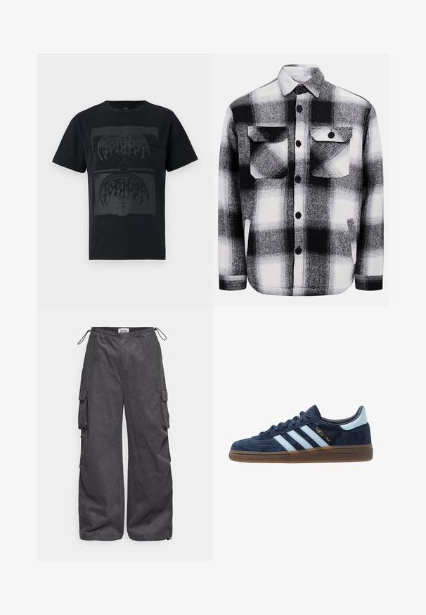 Svart og hvit rutete flanellskjorte med to frontlommer, knappefester og en myk tekstur. Klassisk rutemønster.; Svart bomull T-skjorte med et stort mørkt grafisk design med abstrakte former og linjer sentrert på forsiden. Korte ermer og rund hals.; Grå cargo bukser med teksturert stoff, elastisk liv, snøring og sidelommer. Løs passform med vide ben.; Mørkeblå semsket Adidas-sneakers med lyseblå striper, gummisåle, lyseblå hælklaff og gull "Spezial"-merke på siden.
