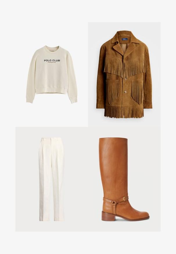 Chaqueta de ante marrón con detalles de flecos prominentes en el pecho y los bolsillos, con un cuello con muesca y cierre de dos botones.; Sudadera de color beige claro con cuello redondo, mangas largas y un diseño corto; presenta el texto "POLO CLUB" y "ESTABLECIDO EN 2012" en color navy y rojo.; Polo Ralph Lauren HEMP WIDE LEG PANT - Pantalones - nevis; Botas altas de cuero marrón con un acabado suave, que cuentan con una correa con hebilla lateral y un tacón apilado. La parte superior tiene un diseño limpio y sin adornos.