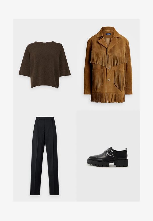 Veste en daim marron mettant en avant des franges sur la poitrine et les poches, avec un col cranté et une fermeture à deux boutons.; Filippa K TEE - Pullover - driftwood; Pantalon noir en tissu lisse avec taille haute, jambes larges, plis à l'avant et passants de ceinture classiques. Pas de poches latérales visibles.; Chaussures noires en cuir avec une semelle épaisse et côtelée, présentant un accent en métal argenté circulaire et des détails de couture minimalistes.