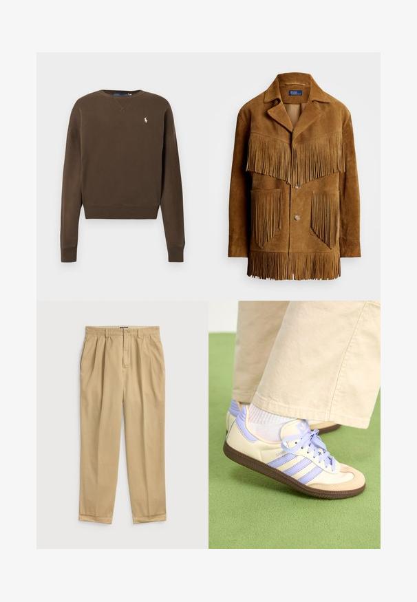 Smeđa zamšasta jakna s istaknutim reseima na grudima i džepovima, s kragničkim ovratnikom i zatvaranjem na dva gumba.; Smeđa pamučna majica dugih rukava s okruglim izrezom, rebrastim manžetnama i malim vezanim logom na lijevoj strani prsa. Glatka tekstura.; Svijetlosmeđi pamukasti hlače opuštenog kroja, sa prednjim nabranicama, bočnim džepovima i rubom s preklopom.; Kremasto-ljubičaste tenisice s tri pruge i strukturiranim smeškim potplatom, s vezicama i podstavljenim petom. Mekana gornja tkanina.