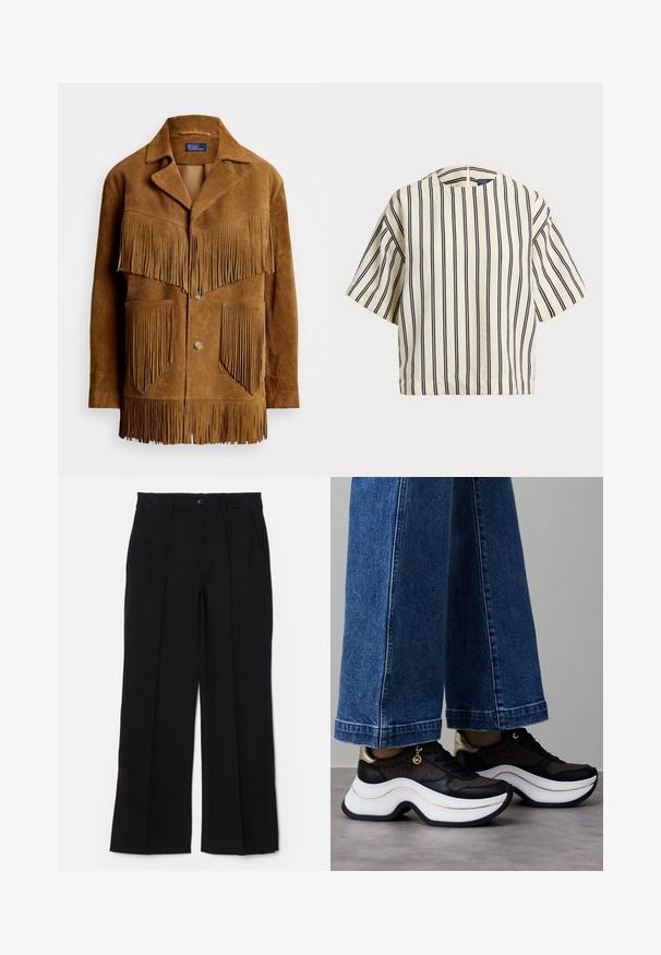 Smeđa zamšasta jakna s istaknutim reseima na grudima i džepovima, s kragničkim ovratnikom i zatvaranjem na dva gumba.; Kratki rukavi, prugasti top u krem i tamnoplavoj boji, sa okruglim izrezom i kutijastim dizajnom od teksturirane tkanine.; Crne hlače ravnog kroja, ravnih nogavica i s džepovima. Izrađene od mekanog materijala, s jednim zatvaračem na dugme i petljama za remen.; Crne i zlatne tenisice s zakrivljenim bijelim potplatom. Teksturirani materijal s logotipnim detaljima. Uparen s širokim plavim trapericama.