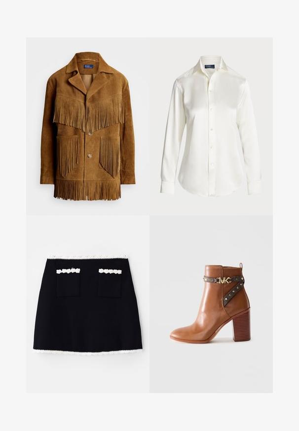 Brun ruskindjakke med fremtrædende frynsedetaljer på brystet og lommer, udstyret med en kilekrave og lukning med to knapper.; Hvid langærmet skjorte med knapper, lavet af glat stof, med en klassisk krave og subtil glans, rundet kant og knappedetaljer.; Sort nederdel med en hvid blondekant nederst, forstærket med to forlommer udsmykket med blonde detaljer. Glat tekstur, A-formet silhuet.; Brun læder ankelstøvle med stablet blokheel, sidebånd med guldnitter og en guld "MK" logo spænde.