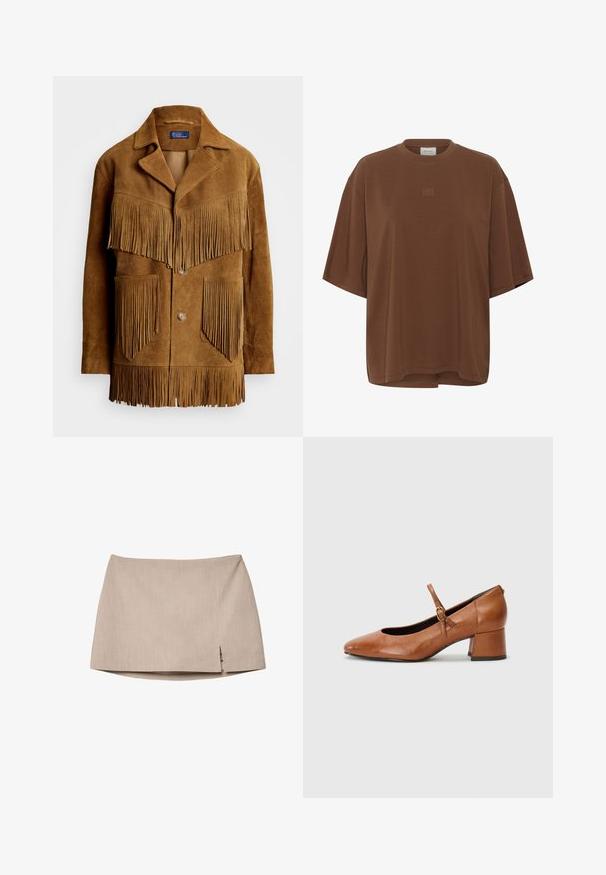 Bruine suede jas met opvallende franjes op de borst en zakken, met een geknipt kraag en een sluiting met twee knopen.; Bruine oversized T-shirt met korte mouwen en ronde hals, met een klein geborduurd logo gecentreerd op de borst.; Beige aansluitende rok van een gestructureerde stof, met een lichte zijsplit. Eenvoudig ontwerp zonder extra hardware of patronen.; Tamaris Klassieke pumps - cognac