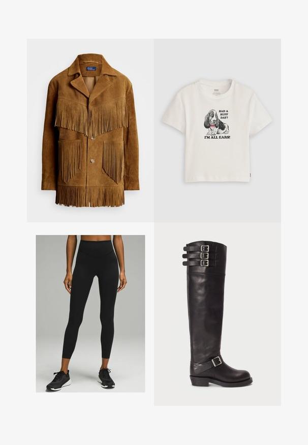 Brun ruskindjakke med fremtrædende frynsedetaljer på brystet og lommer, udstyret med en kilekrave og lukning med to knapper.; Hvid bomulds t-shirt med en sort grafik af en basset hound og teksten "HAD A RUFF DAY? I’M ALL EARS!" i fed skrift. Korte ærmer.; Sorte højtaljede leggings med en glat tekstur og tætsiddende design, parret med sorte atletiske sko med en hvid sål.; Sorte læder støvler til knæene med rund tå, tre spændebånd øverst og en detalje med sidebuckle. Flad sål og glat tekstur.