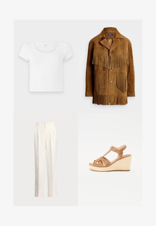 Barna velúr dzseki hangsúlyos rojtos részletekkel a mellen és a zsebeknél, kihajtott gallérral és két gombos záródással.; Fehér, rövid ujjú, cropped pamut póló, kerek nyakkivágással, egyszerű, mintázat és díszítés nélküli kivitelben.; Polo Ralph Lauren HEMP WIDE LEG PANT - Nadrágok - nevis; Barna wedge szandálok keresztszalagos dizájnnal, állítható bokapánttal és texturált szőtt espadrille stílusú wedge platformmal.