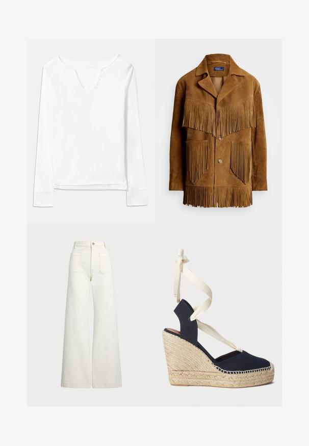 Pruunimeelne sametjakk, millel on silmapaistvad frantsiidi detailid rinnal ja taskutes, ning millel on sälguga krae ja kahe nupuga kinnitamine.; Valge pika varrukaga top V-kaelusega, mille esiosas on viis väikest nuppu, valmistatud kergest kangast, millel on sile tekstuur.; Laiad teksad heledast denimist. Kõrge vöökoht, nööbivöö, kaks esikotitäit ja kontrastsed õmblused.; Tumesinane lõuendist kiilkingad, millel on espadrilli köitest väljastatud tald ja kreemivärvi paelad ankle. Suletud kand ja ümar varvas.