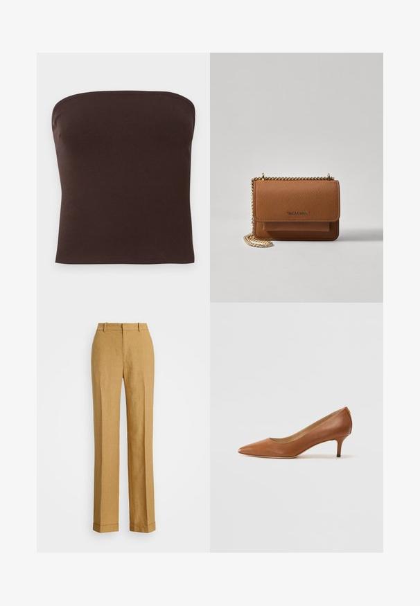 Pruunimeelne sametjakk, millel on silmapaistvad frantsiidi detailid rinnal ja taskutes, ning millel on sälguga krae ja kahe nupuga kinnitamine.; Pruun ilma rihmata topp, mis on valmistatud ribakangast. Sile tekstuur, sobiv kuju ja puhtad servad. Nähtavad logod või mustrid puuduvad.; Polo Ralph Lauren YARD LINEN FULL FLAT FRONT - Püksid - sand dune; Lauren Ralph Lauren ADRIENNE - Klassikalised kontsakingad - deep saddle tan; Pruun tekstureeritud nahk ristkeha kott kuldse ahelaga rihmaga ja klapiga sulgemine. Esiküljel on logo detail ja tasku klapi all.