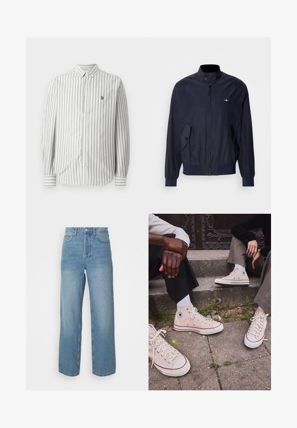 Marineblaue Windbreaker-Jacke mit hohem Kragen, Reißverschluss und zwei knöpfbaren Seitentaschen. Glatte Textur und Elastikbündchen.; Hemd mit vertikalen grau-weißen Streifen. Lange Ärmel, klassischer Kragen und ein kleines Logo auf der linken Brust. Aus Baumwollmaterial.; Hellblaue, hochtaillierte Jeans mit geraden Beinen, mit vorderem Knopfverschluss und Fünf-Taschen-Design auf schlichtem Hintergrund.; Beige Canvas-Hochschuh-Sneaker mit rotem Streifen, weißer Gummisohle und Metall-Ösen, mit iconic Stern-Logo an der Seite.