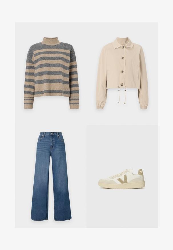 Beige zkrácená bunda s límečkem, velkými předními knoflíky, elastickými manžetami a stahovacími okraji. Obsahuje boční kapsy.; Pruhovaný pletený svetr v šedých a béžových barvách, s vysokým krkem, širokými rukávy s manžetami a uvolněným střihem s kráceným designem.; Široké modré džíny vyrobené z denimu, s vysokým pasem, zapínáním na knoflík vpředu a klasickým pěti-kapsovým designem. Hladká textura.; Tenisky s krémovým svrškem, béžovými semišovými akcenty a texturovanou gumovou podrážkou. Vyznačují se výrazným logem 'V' a šněrovacím designem.