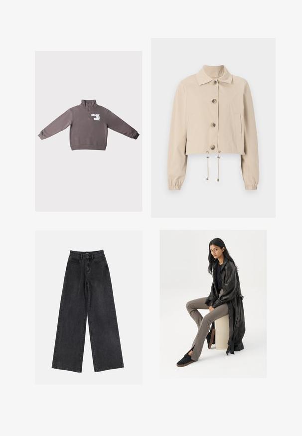Veste beige courte avec un col, de grands boutons à l'avant, des poignets élastiques et un ourlet à cordon. Comprend des poches latérales.; Pull-over long-sleeve marron avec une fermeture éclair quart et le texte blanc "COLOURFUL REBEL" sur le côté gauche de la poitrine.; Jean en denim noir à jambes larges avec taille haute, design classique à cinq poches et décoloration subtile. Tissu résistant avec une texture douce.; Trench en cuir noir, haut noir ajusté, pantalon ajusté beige, et baskets noires. Modèle assise sur un cube, avec des cheveux longs et raides.