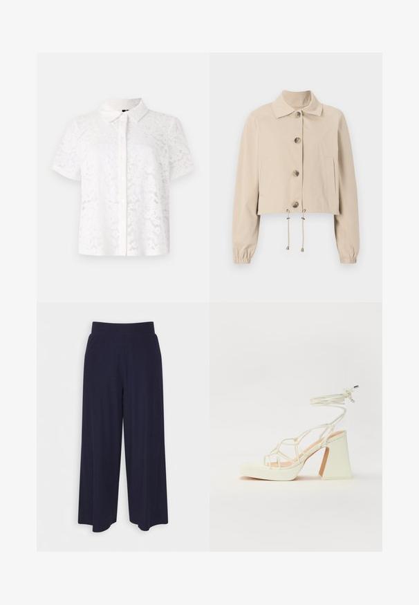 Casaco cropped bege com gola, grandes botões frontais, punhos elásticos e bainha ajustável. Apresenta bolsos laterais.; Camisa branca de manga curta feita de tecido rendado, com colarinho e fecho à frente com botões, apresentando padrões florais por todo o material.; Calças largas em tecido azul-marinho escuro com uma textura ribada. Apresenta uma cintura suave e uma silhueta fluida, atingindo o comprimento até metade da panturrilha.; Sandálias brancas de salto alto com um salto robusto, apresentando um design com tiras e amarração no tornozelo. Textura suave com uma plataforma na frente para altura adicional.