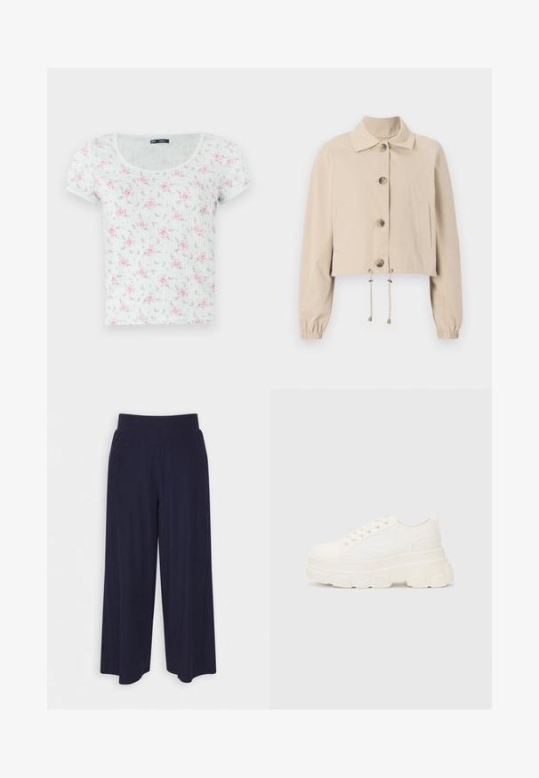 Bežna skrčena jakna z ovratnikom, velikimi sprednjimi gumbi, elastičnimi manšeti in obrobom z vrvico. Ima stranske žepe.; Kratka majica s kratkimi rokavi v svetlem mint odtenku z zaobljenim izrezom, okrašena s cvetličnim vzorcem v rožnati in vijolični barvi, izdelana iz mehkega, strukturiranega materiala.; Široke hlače iz temno modrega blaga z rebrasto teksturo. Imajo gladek pas in tekoč silhueto, ki seže do sredine tele.; Bela platnena teniska z debelim podplatom, okroglo konico in petimi luknjicami za vezalke. Zadaj je dodana zanka za enostavno obuvanje. Gladka tekstura, minimalistična zasnova.