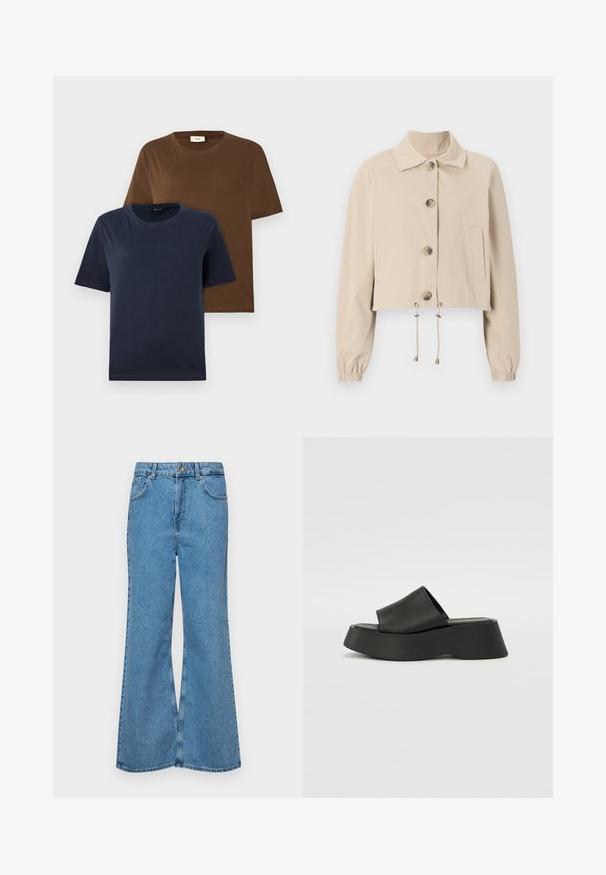 Bežová skrátená bunda s golierom, veľkými prednými gombíkmi, elastickými manžetami a sťahovacím lemom. Obsahuje bočné vrecká.; Dve tričká s krátkym rukávom: jedno v tmavom námorníckom odtieni, druhé v bohatom hnedom. Obe majú okrúhle výstrihy a mäkkú, hladkú bavlnenú textúru.; Svetlomodré rozšírené džínsy vyrobené z denimu, s vysokým pásom, piatimi vreckami a jednopoložkovým zapínaním na gombík. Mäkká textúra s vyblednutým povrchom.; Čierne platformové sandále s širokým remienkom a hrubou podrážkou. Vyrobené z hladkého materiálu s matným povrchom a bez viditeľných kovových prvkov.
