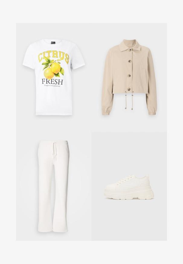 Beige kort jacka med krage, stora frambton, elastiska ärmslut och dragsko i nederkant. Har sidofickor.; Vit bomulls t-shirt med en gul grafik som visar texten "CITRUS FRESH" och två citroner omgivna av gröna blad.; Vita, avslappnade sweatpants i mjukt material, med elastisk midja och dragsko samt raka ben.; Vitcanvas sneakers med en chunky sula, rund tå och fem öglor för snören. Bakre tab för enkel påtagning. Slät yta, minimalistisk design.