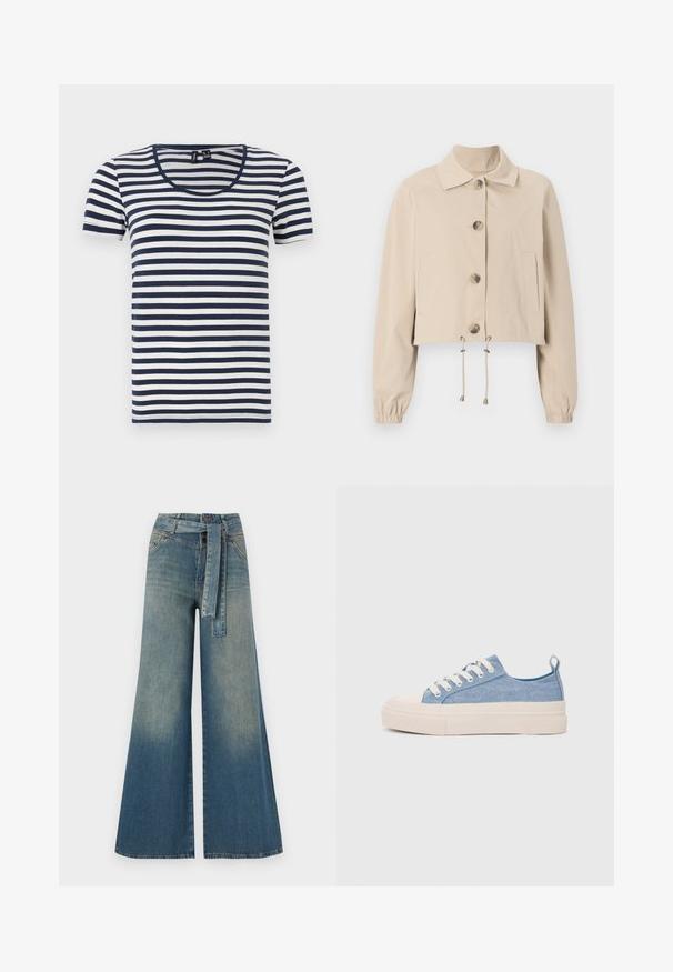 Beige lühikeste varrukatega jakk, millel on krae, suured eesolevad nööbid, elastsed mansetid ja nööriga ääre. Omab küljetaskuid.; Röstripeeritud t-särk lühikeste varrukatega, millel on tumesinised ja valged horisontaalsed triibud, ümar kaelus ja pehme puuvillane kangas.; Laiad denimpüksid, millel on hele tume sinine gradiendiefekt, kõrge vöökoht, vöökumlid ja sobivast kangast vöö. Struktureeritud denimi viimistlus.; Heledad sinised kangast tennisekingad koorevärvi kummist varbakatte ja taldaga, millel on valged paelad ja tõmblukk kandadel.