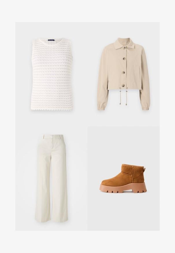 Beige cropped jacket with a collared neckline, large front buttons, elasticized cuffs, and drawstring hem. Features side pockets.; Sleeveless white knit tank top with a textured pattern, scalloped edges, and a slightly loose fit. Made from breathable fabric.; Wide-leg trousers in a light beige color, made of a smooth fabric. Features a classic waistband and flat front with clean lines.; Tan suede ankle boots with a rounded toe, a textured brown sole, and a pull tab. Features a stitched seam and chunky platform design.