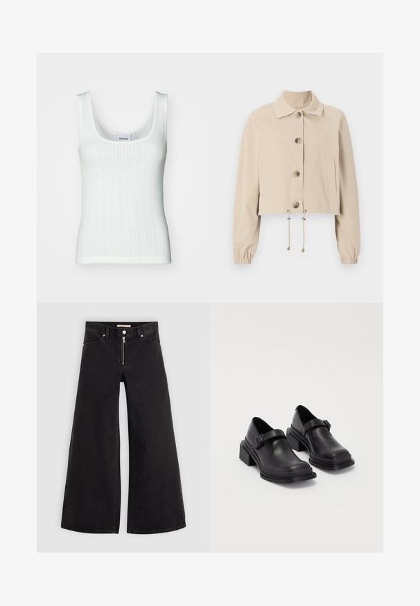 Veste beige courte avec un col, de grands boutons à l'avant, des poignets élastiques et un ourlet à cordon. Comprend des poches latérales.; Top à bretelles blanc à col rond. Fabriqué en tissu texturé avec des rayures verticales et un ourlet droit. Étiquette de marque visible à l'intérieur.; Jean large en denim noir avec une fermeture éclair à l'avant, un design à cinq poches et des détails de couture subtils. Texture lisse et style décontracté.; Chaussures en cuir noir avec un bout arrondi, semelle plate et une sangle avec une boucle décorative. Talon épais pour plus de stabilité.