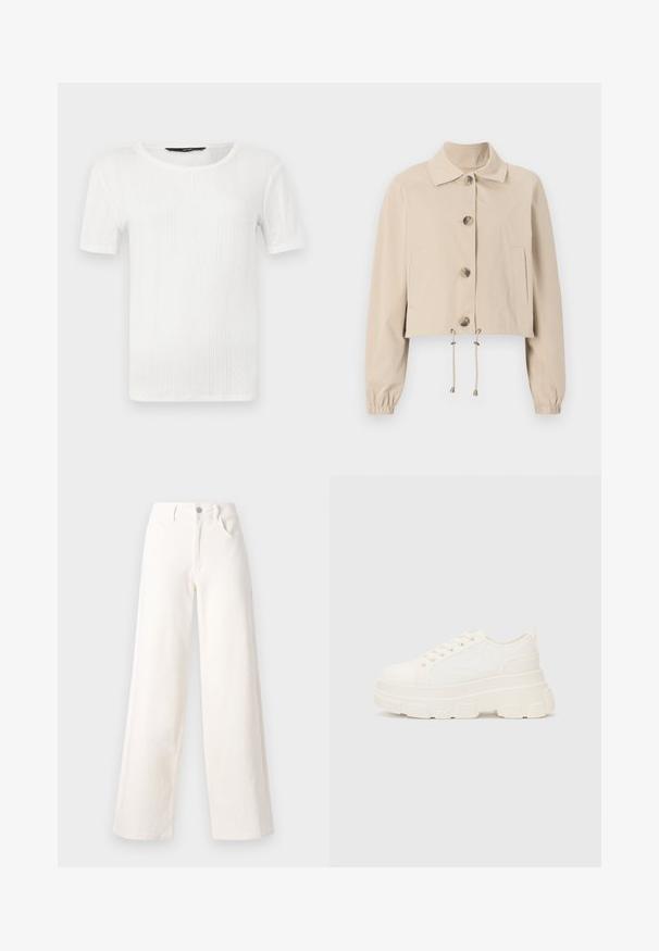 Bežna skrčena jakna z ovratnikom, velikimi sprednjimi gumbi, elastičnimi manšeti in obrobom z vrvico. Ima stranske žepe.; Bela kratka majica s kratkimi rokavi, narejena iz teksturirane tkanine, z navpičnimi rebrastimi detajli in okroglim izrezom. Preprost dizajn brez okrasnih elementov.; Široki traper hlače iz off-white denima, z zgornjim gumbom za zapiranje, dvema stranskima žepoma in čistimi linijami brez okraskov.; Bela platnena teniska z debelim podplatom, okroglo konico in petimi luknjicami za vezalke. Zadaj je dodana zanka za enostavno obuvanje. Gladka tekstura, minimalistična zasnova.
