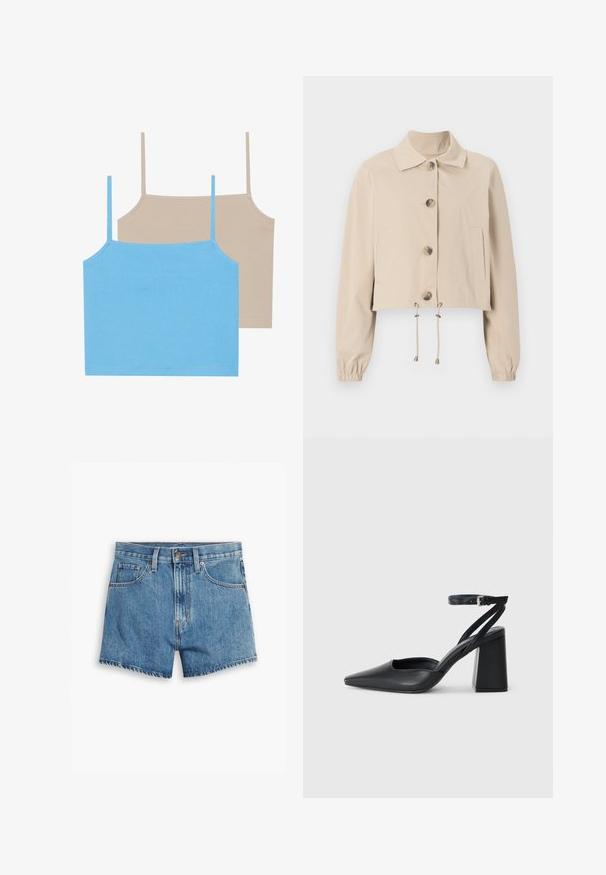 Beige cropped jack met een kraag, grote voorknoppe, elastische manchetten en een trekkoord onderkant. Beschikt over zijzakken.; Even&Odd 2 PACK - Top - azure blue/simply taupe; Lichtblauwe denimshorts met vijf zakken, een ritssluiting en een knoopsluiting. De zoom is rafelig en heeft een ontspannen pasvorm.; Zwarte leren puntige pump met een enkelbandje en een chunky hak. Vlakke textuur, strakke vormgeving en minimalistische esthetiek.