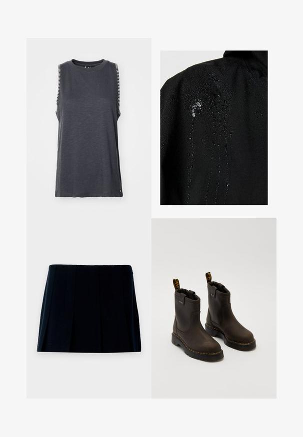 Giacca impermeabile nera con gocce d'acqua che si accumulano sul tessuto, che mostra una superficie liscia e un design minimale.; Maglietta senza maniche grigio scuro con scollatura rotonda, caratterizzata da strisce bianche sui lati delle spalle e un fit rilassato.; Gonna mini nera plissè realizzata in tessuto. Presenta una vita dritta e multiple pieghe verticali per forma e texture.; Dr. Martens ANISTONE LO UNISEX - Stivaletti - charcoal grey